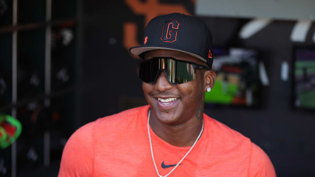 SF Giants shortstop Marco Luciano (37) smiles before a game against the Oakland Athletics at Oracle Park (2023)